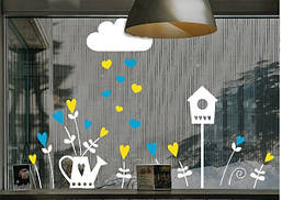 Наклейка на вікно (вітрину, скло, дзеркало) "Жовті та сині квіти та серця. Лійка. Шпаківня. Хмара"