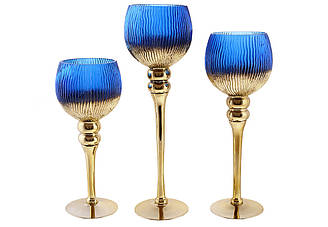 Набір (3 шт) скляних свічників, 30/35/40см, колір - синій із сапфіром