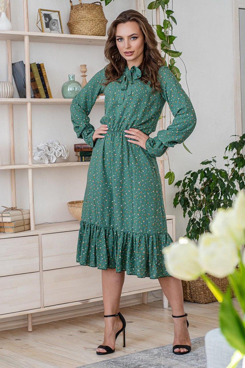 Літні сукні жіноче з рукавом блідо-зелене плаття в дрібну квіточку жіноче плаття міді штапель 42-46 розмір, фото 1