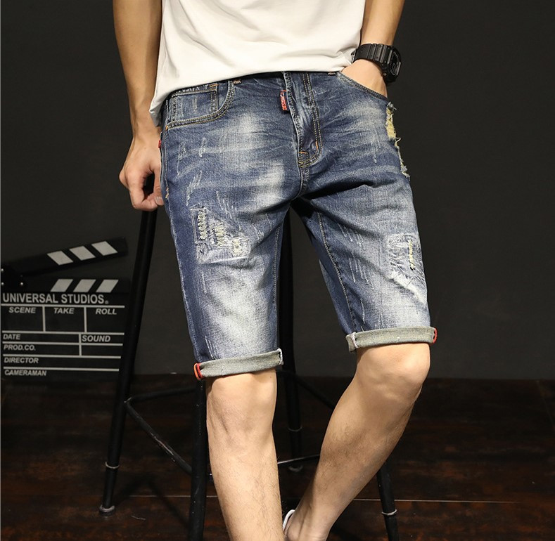 Модні джинсові шорти чоловічі літні з підворотами, фото 1
