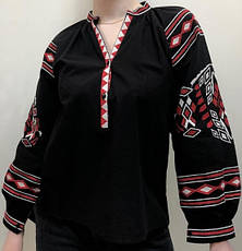 Вишиванка жіноча, блузка чорного кольору з червоно-білою геометричною вишивкою та довгим рукавом, фото 4