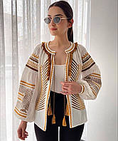 Женская вышиванка пиджак, накидка белого цвета с оригинальной вышивкой и завязкой размеры S, M, L.