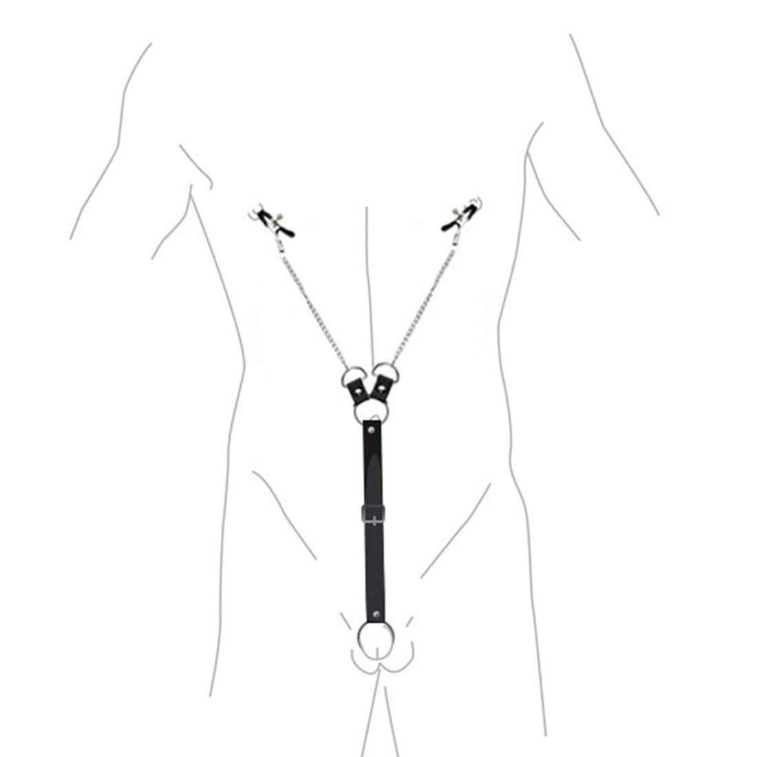Затискачі для сосків із фіксацією на мошонці Nipple Clamps for Men, Екошкіра, фото 1