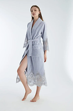 Довгий халат для дому жіночий махровий на поясі, жіночий халат (з кишенями) натуральний з мереживом Блакитний S