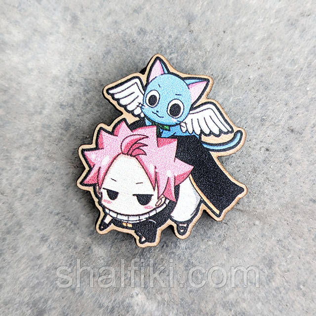 "Нацу Драгніл і Хеппі (Хвіст феї / Fairy tail)" брошка дерев'яна з уф-друком