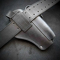 Кобура поясна для пістолета Стечкіна (АПС). З підсумком для магазину, чорна натуральна шкіра. Для лівші