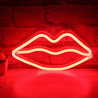 Неоновый ночник-светильник красные губы LED для комнаты на батарейках + usb