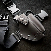 Кобура на стегно під ПМ, відсік для додаткового магазину, чорна, натуральна шкіра, посилена фурнітура