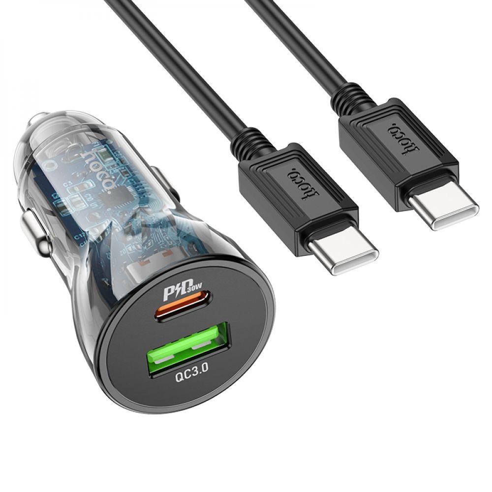 Автомобільний зарядний пристрій Hoco Z47A Transparent PD30W+QC3.0 Type-C to Type-C, Transparent black