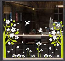 Наклейка на вікно (вітрину, скло, дзеркало) "Дерева з квітами. Птахи"