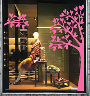 Наклейка на вікно (вітрину, скло, дзеркало) "Рожеве дерево з листя у формі серця"