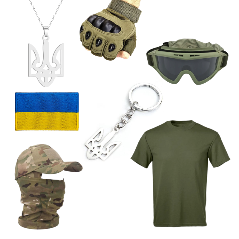 Тактичний набір 8 в 1: Футболка хакі + Кепка піксель + Шеврон + Рукавички + Балаклава + Окуляри + Кулон + Брелок | Tactic ЗСУ, фото 1