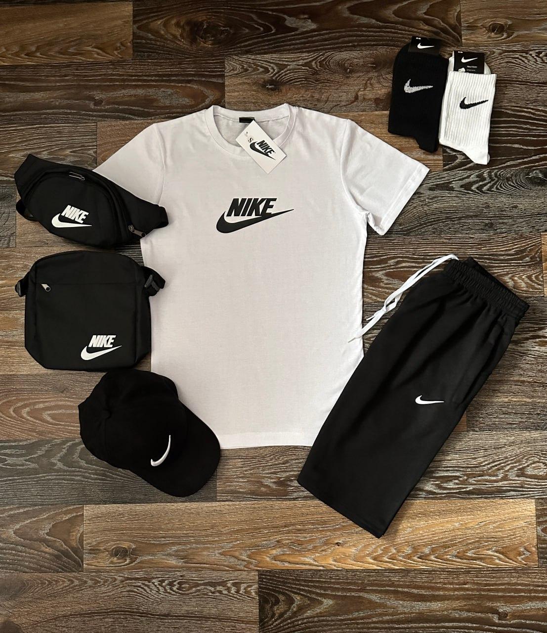 Чоловічий літній комплект футболка шорти кепка барсетка бананка шкарпетки Nike білий комплект найк літо, фото 1
