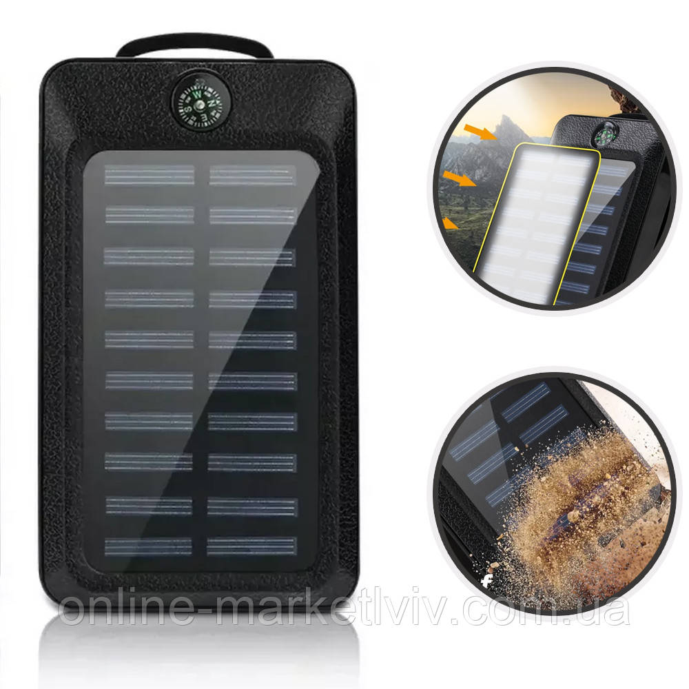 Повербанк 20000 mAh із сонячною панеллю та компасом, Чорний / Ударостійкий та водонепроникний PowerBank