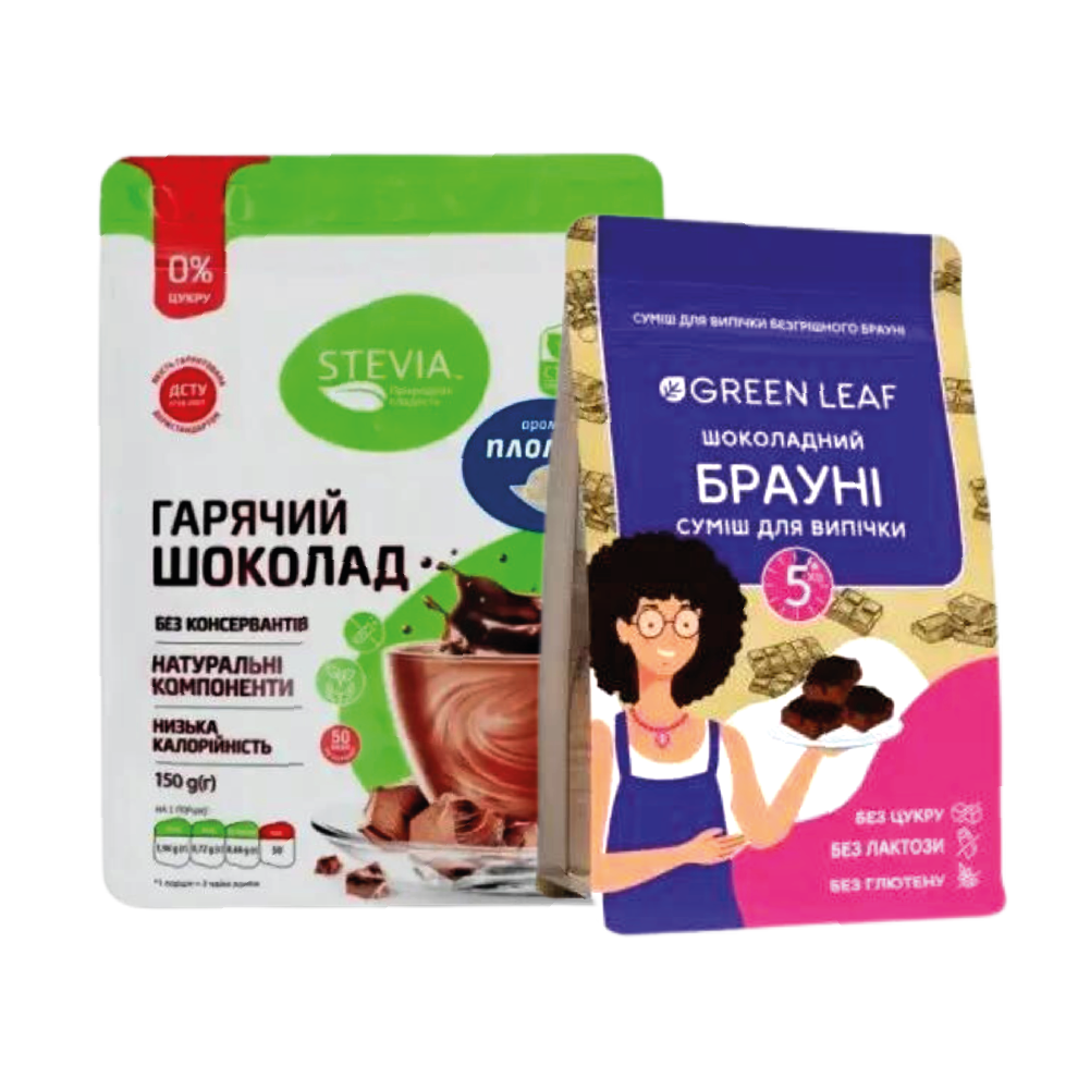 Акція! Гарячий шоколад STEVIA без цукру зі смаком пломбіру та суміш для випічки "Шоколадний брауні" без цукру