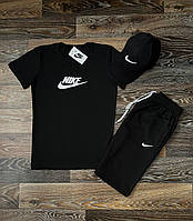 Спортивный костюм мужской летний Шорты + Футболка + Кепка бейсболка Nike черный Комплект Найк лето трикотажный