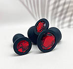 Комплект анальних пробок силіконових 3 шт. Wo-sex із червоним кристалом та чохлом, фото 5