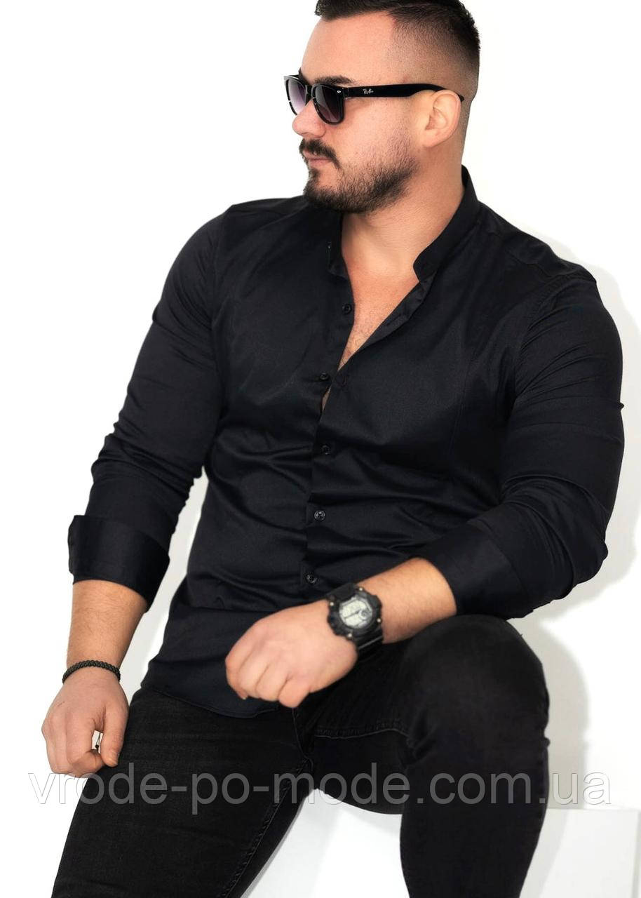 Стильна ошатна чоловіча чорна сорочка приталена слім фіт Slim Fit, з довгим рукавом, фабрична Туреччина, великий асортимент