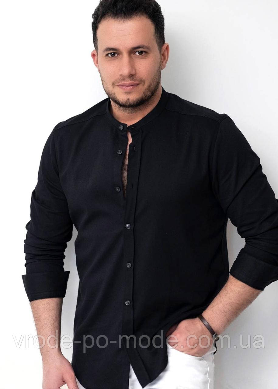 Стильна ошатна чоловіча чорна сорочка з довгим рукавом, без коміра, Туреччина, великий асортимент, фото 1