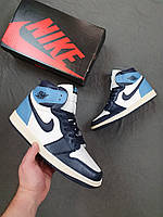 Мужские кроссовки высокие синие с белым Nike Air Jordan 1 Retro. Обувь мужская синяя Найк Аир Джордан Ретро 1