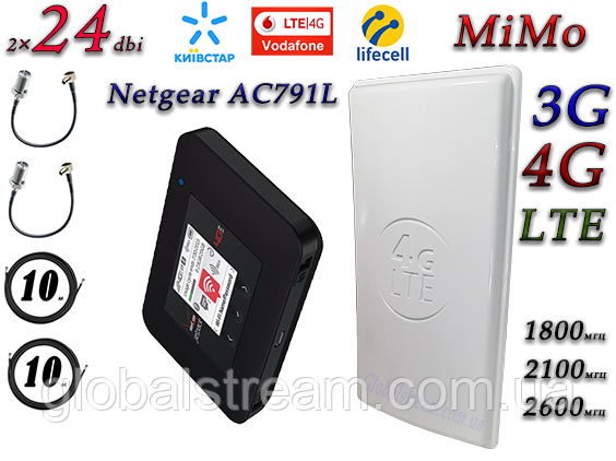 Комплект для 4G/LTE/3G з Netgear AC791L+ 4340 mAh і Антена планшетна MIMO 2×24dbi (48дб)
