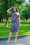 Літня сукня жіноча прямого крою в листочок сукня з коротким рукавом синя легка літня сукня 40-42 44-46, фото 2