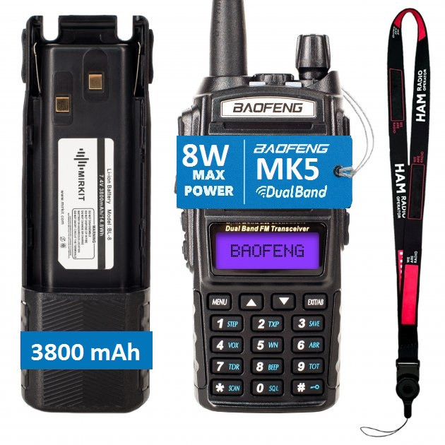 Комплект Рація Baofeng UV-82 MK5 8W + Гарнітура + Ремінець на шию + Акумуляторна батарея BL-8 3800 мАг