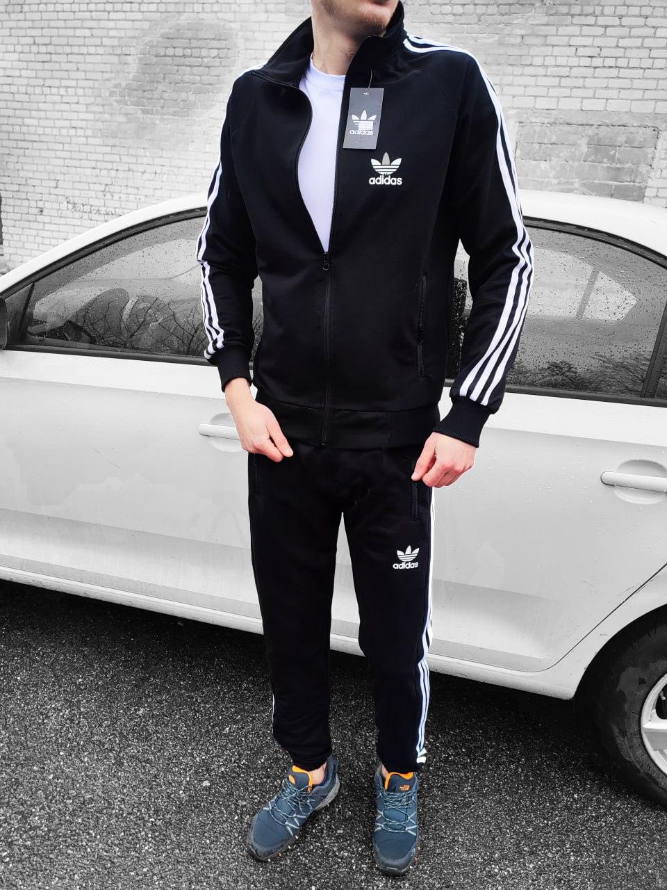 Чоловічий спортивний костюм Adidas Олімпійка + Штани + Шкарпетки у подарунок чорний Адідас на блискавці весняний, фото 1