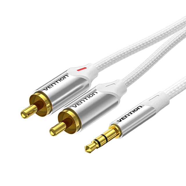 Аудіо кабель Vention 3.5мм minijack AUX на 2RCA тюльпани стерео AV кабель HiFi в нейлоновій оплітці 2 м Білий BCNIH