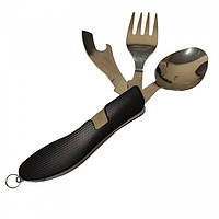 Набор походный складной WOW 4в1 ложка вилка нож открывачка с чехлом на ремень Чёрный