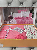 Летний набор вязаное пике с помпонами+ хлопковая простынь с наволочками ТМ First Class цвет розовый
