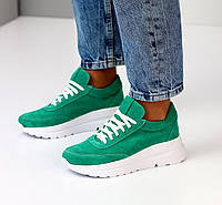 Женские замшевые кроссовки на светлой подошве модные зеленые натуральная замша 37