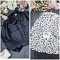 Дитячий комплект сукня з квітковим принтом з жакетом із екошкіри (104 розмір) біло-чорний