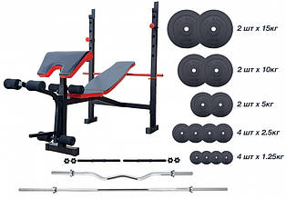 Лава регульована для жиму з тренажерами та партою Скотта + Штанга 83 кг, Набір для жиму зі штангою і лавкою