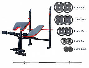 Лавка зі штангою та гантелями, лава регульована універсальна для жиму + штанга з металевими дисками