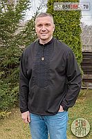 Черная льняная мужская вышиванка с черной вышивкой и трезубом, сорочка вышиванка с длинным рукавом