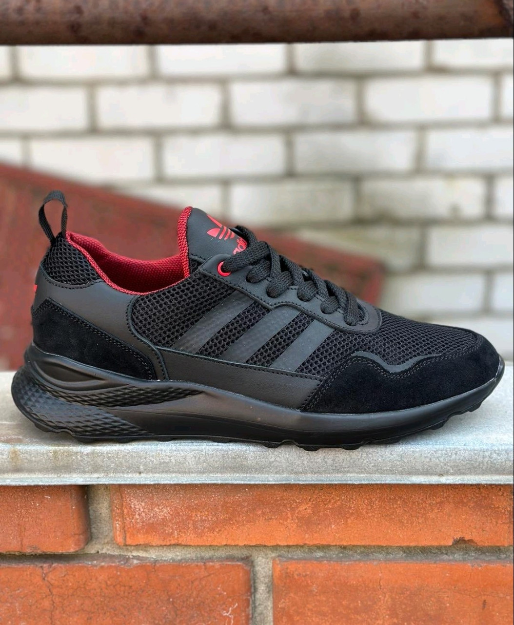 Чоловічі кросівки чорні Adidas шкіра + текстиль весна літо