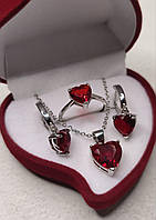 Набор серьги, кольцо и колье "Сердечки красный рубин в серебре" солидный подарок в коробочке для девушки