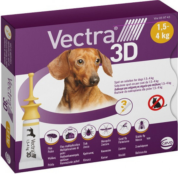 Вектра 3D Vectra 3D Ceva краплі від бліх, кліщів, комарів для собак вагою від 1,5 до 4 кг, 3 піпетки, фото 1