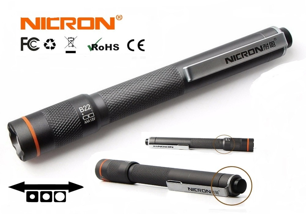 Ручний міні ліхтар із зумом NICRON B22W (120LM, HI CRI Lumileds LED, IPX5, Фокусування, Живлення 2*AAA)