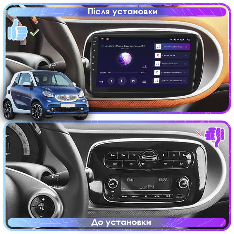 Al Штатна магнітола в машину для Smart Fortwo III 2014-н.в. екран 9" 1/16Gb Wi-Fi GPS Base, фото 1