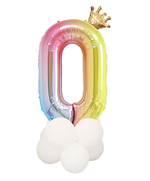 Цифра 0 фольгированная градиент на стойке-подставке из воздушных шаров, композиция с разноцветной цифрой 1 м