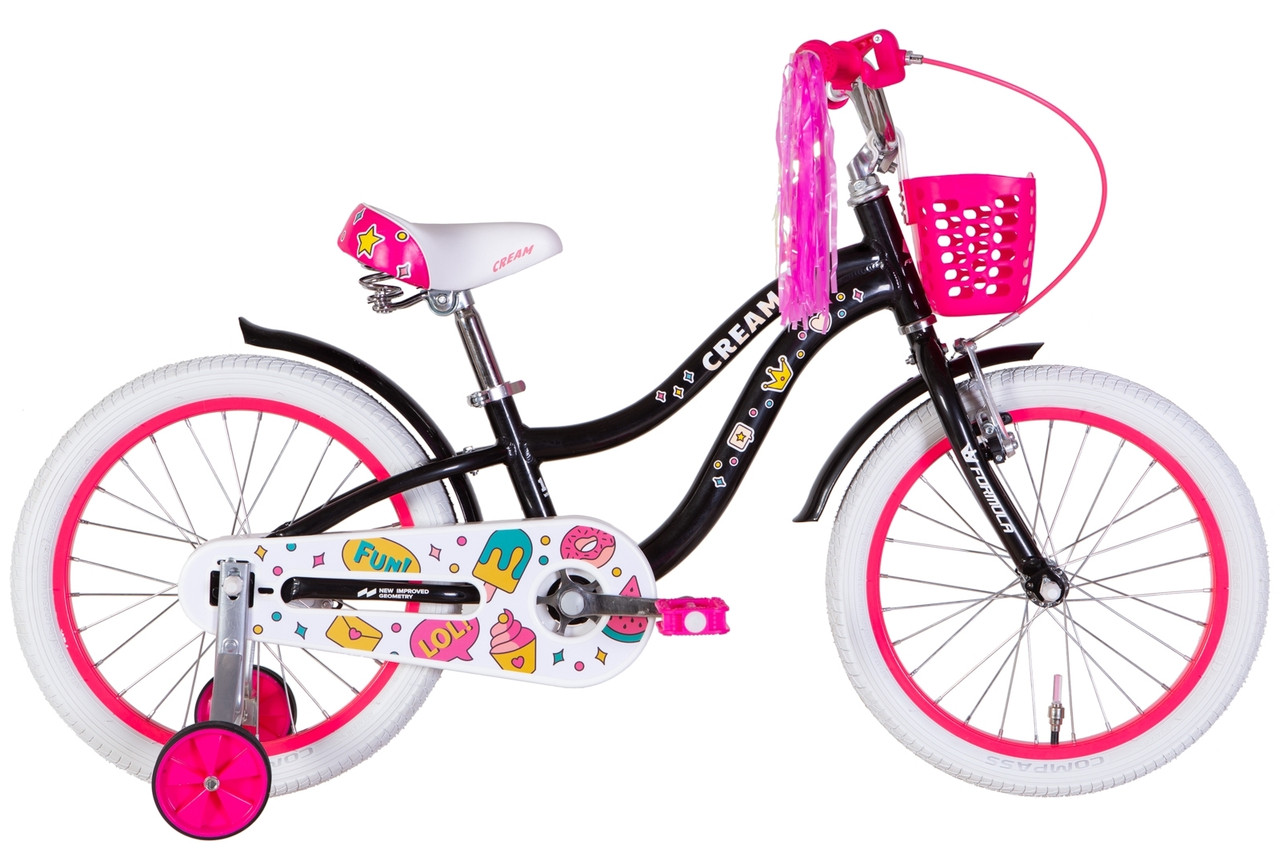 Дитячий двоколісний велосипед для дівчинки 18" Formula CREAM 2022 з кошиком і білими колесами, чорний, фото 1