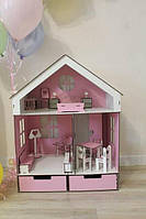 Деревянный кукольный домик Барби с мебелью (17шт) и выдвижными шухлядами, самосборный игровой набор из фанеры