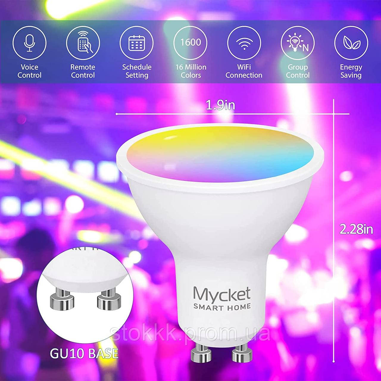 2шт Розумна лампочка Mycket, багатобарвна, світлодіодна Wi-Fi лампа 2800k-6500k, RGB,5Вт, 470 Лм, Gu10