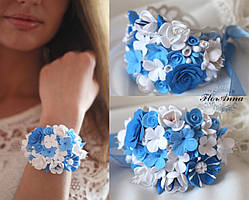 Блакитний браслет на руку з квітами з полімерної глини "Хрустальний сад"