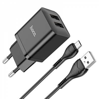 СЗУ Hoco N25 Maker (2 USB) + Кабель MicroUSB black