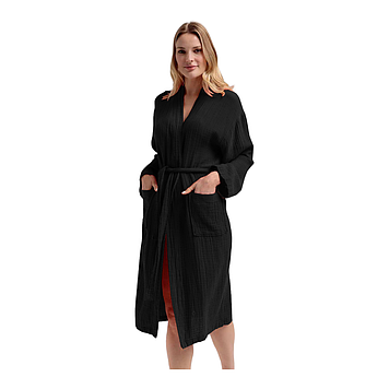 Жіночий літній халат із мусліну, 100% бавовна, розмір 48-50, чорний, кімоно, 100% Бавовна Lekesiz, Туреччина