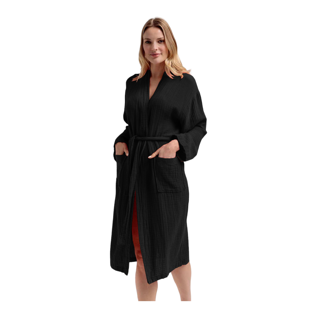 Жіночий літній халат із мусліну, 100% бавовна, розмір 48-54, чорний, кімоно, 100% Бавовна Lekesiz, Туреччина 50, XL