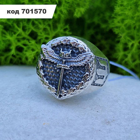 Чоловічий масивний срібний перстень "ГУР МО України" 925° проби та чорнінням, фото 1